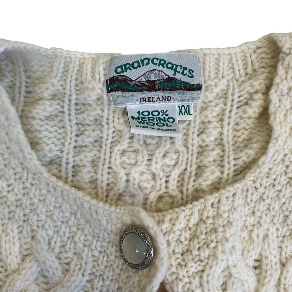 Aran Crafts XXL Vintage Cream Cable Knit Fisherman Cardigan Button-front Pockets - Picture 11 of 16